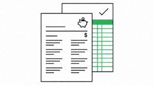 A flat-line illustration of a Wells Fargo bank statement being converted to a spreadsheet, with a green header, green gridlines, a checkmark, and a small piggy bank icon