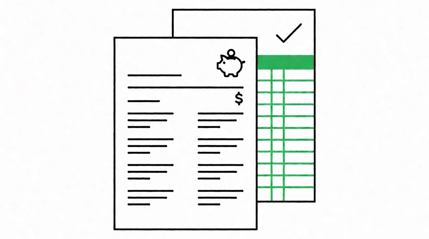 A flat-line illustration of a Wells Fargo bank statement being converted to a spreadsheet, with a green header, green gridlines, a checkmark, and a small piggy bank icon