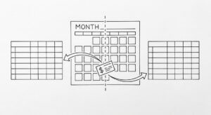 Pen drawing of a calendar with one month highlighted, a vertical dashed line splitting the month, a bank statement icon falling through the split, arrows leading to two clean spreadsheet grids