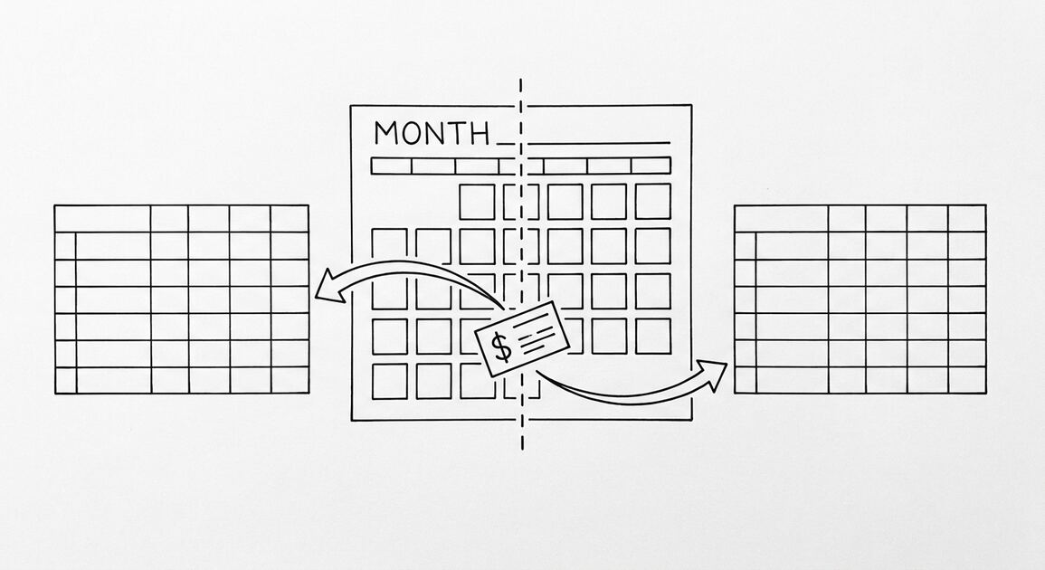 Wells Fargo Statement Cutoff for Bank Reconciliation: The Complete Guide Pen drawing of a calendar with one month highlighted, a vertical dashed line splitting the month, a bank statement icon falling through the split, arrows leading to two clean spreadsheet grids