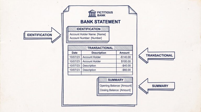 Pen drawing illustrating what-information-is-on-a-bank-statement concept