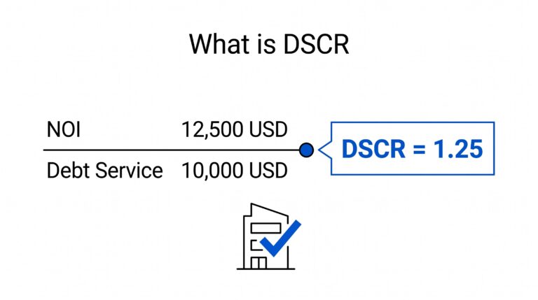 DSCR calculation formula showing NOI divided by debt service equals 1.25 ratio