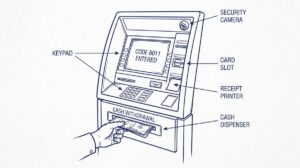 Pen drawing illustrating what-is-mcc-code-6011-atm-cash concept