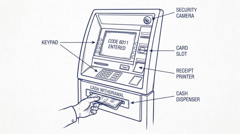 Pen drawing illustrating what-is-mcc-code-6011-atm-cash concept