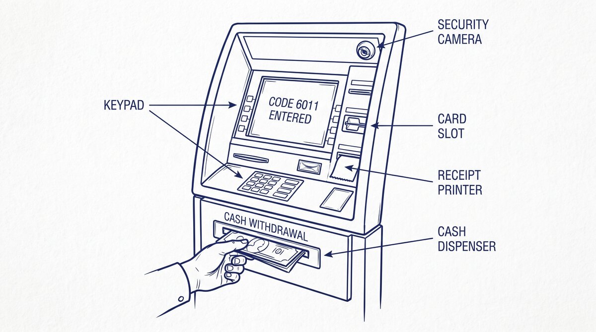 Pen drawing illustrating what-is-mcc-code-6011-atm-cash concept