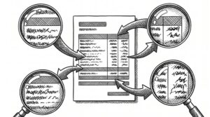 Pen drawing of a document with arrows pointing to magnified details showing wrong values.