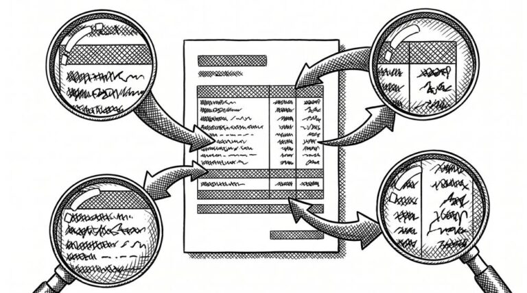 Pen drawing of a document with arrows pointing to magnified details showing wrong values.