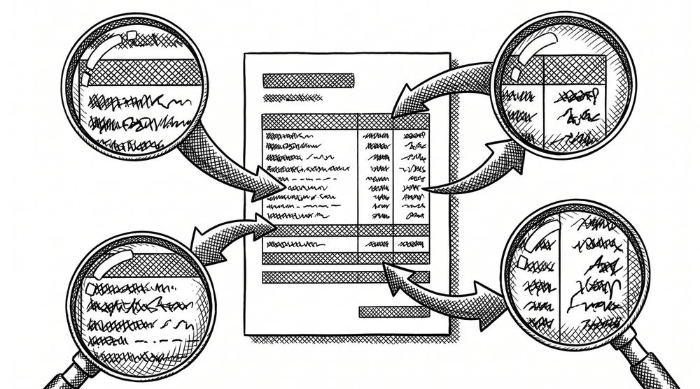 Pen drawing of a document with arrows pointing to magnified details showing wrong values.