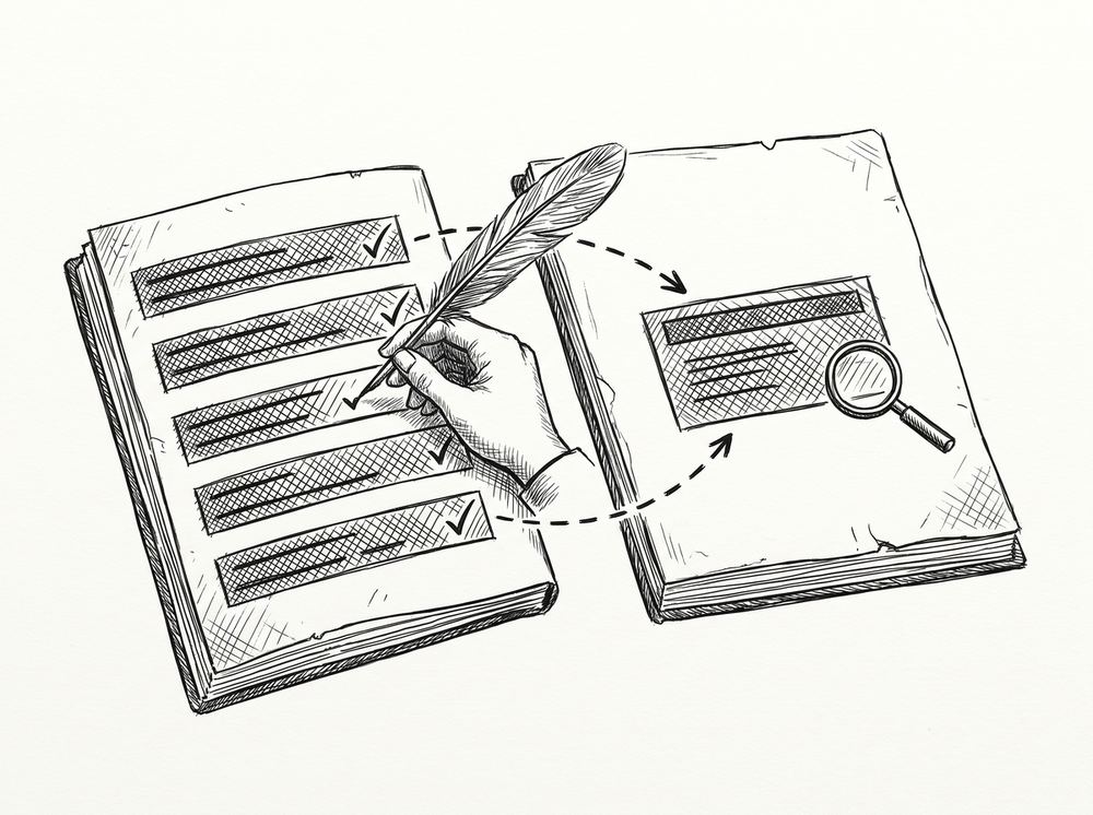 Incorrect Transaction Data After Bank Statement Conversion: The 2-Minute Spot-Check Pen drawing of 5 random rows being checked against a source document, representing the spot-check diagnosis process.