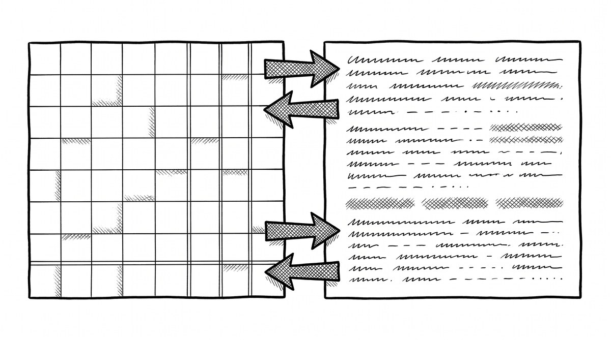 Pen drawing of two side-by-side panels showing a spreadsheet and a text file with arrows between them
